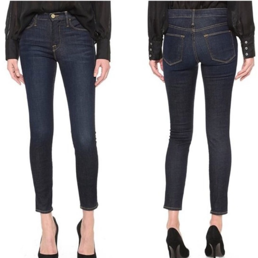 Frame Le High Skinny Saltair Dark Blue Denim Raw Hem Mid Rise Ankle Jean Size 27